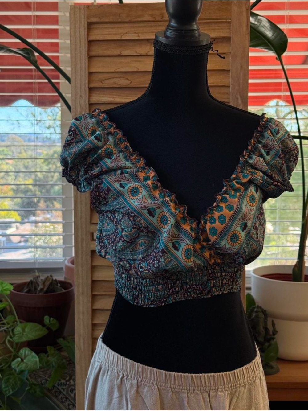 American Vintage Teal Multi Floral Ruffle Crop Top